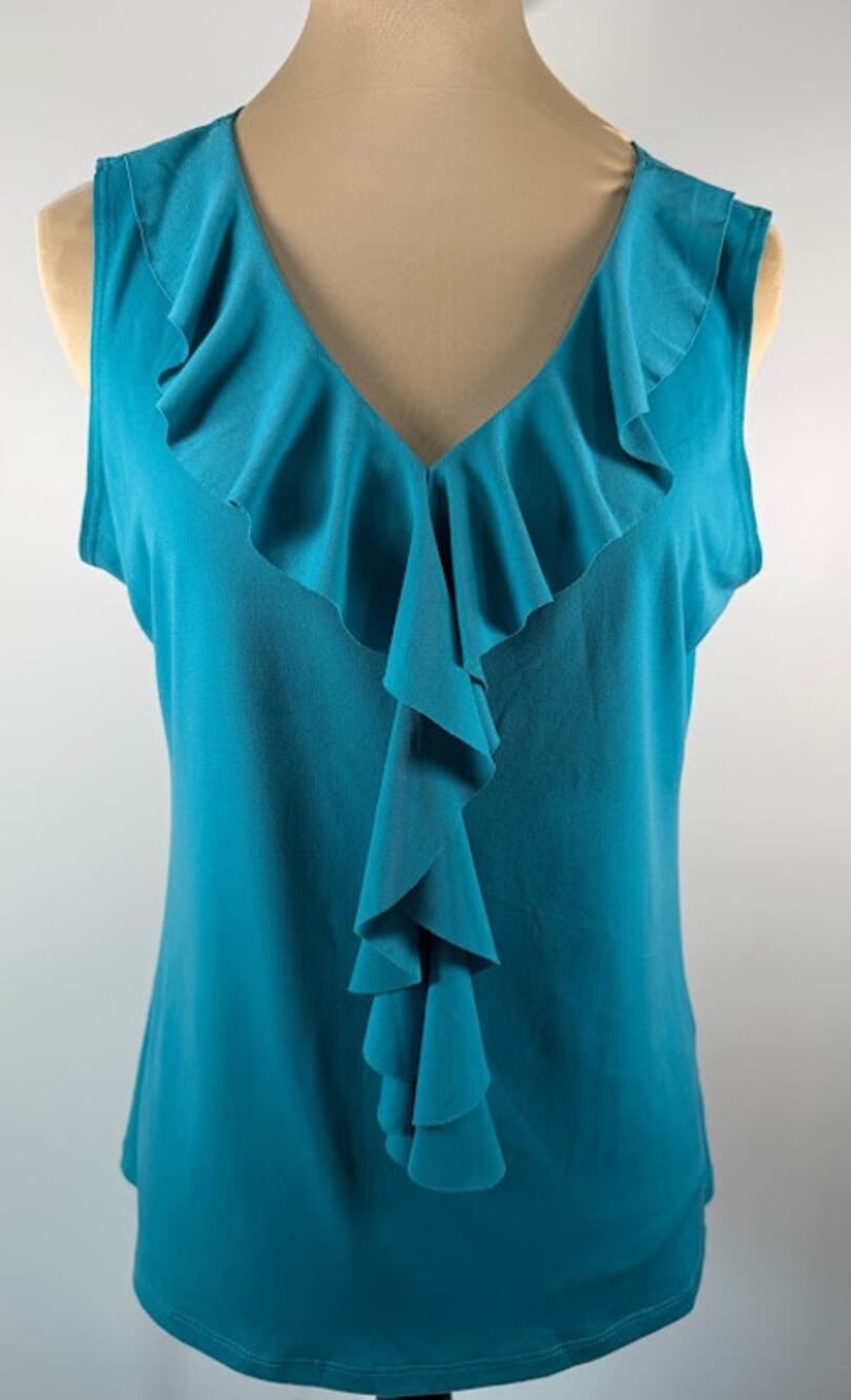 Dressbarn Womens Sleeveless Ruffle V-Neck Top L Teal Blue Stretch Knit Blouse